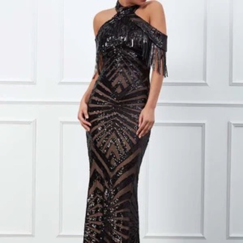 NEW Goddiva Fringe Collar Sequin Maxi Dress- Black